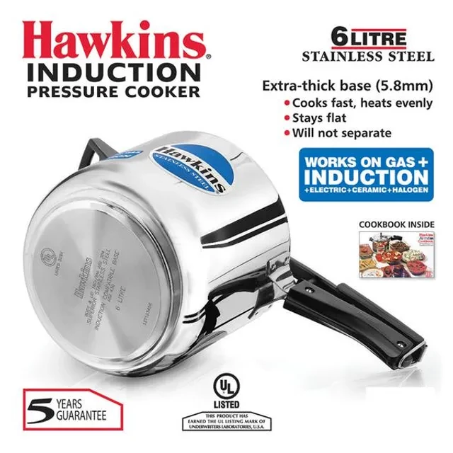 Hawkins Stainless Steel Inner Lid Pressure Cooker - Induction Base, With Handle, Silver, HSS60, 6 l-6.webp